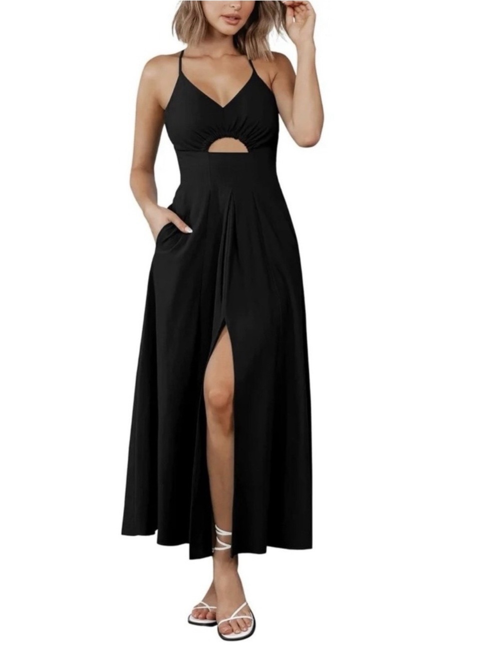 BTFBM Women’s SMALL Black Spaghetti Strap Cutout Maxi Dress V Neck Slit Pockets